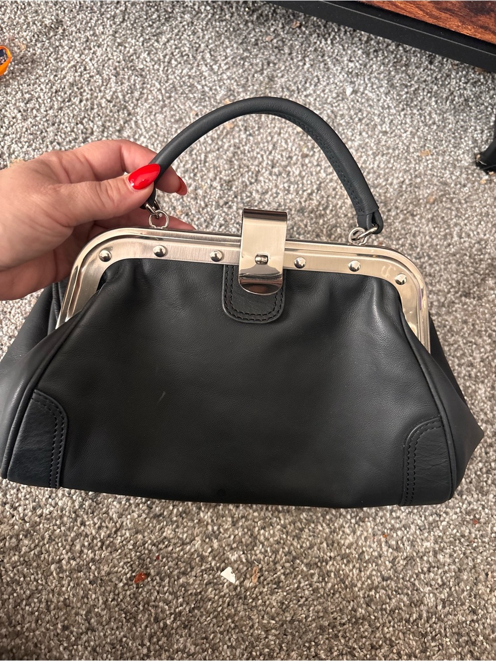 The Trend Genuine Leather Black Top-Handle Satchel with Silver Frame